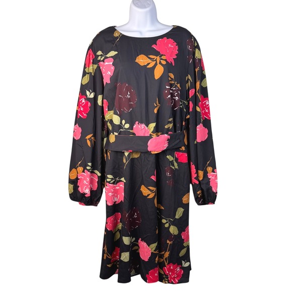 Eshakti Dress Women's 24W Floral Print Black Long Sleeve Knee Length Belted - Picture 2 of 16
